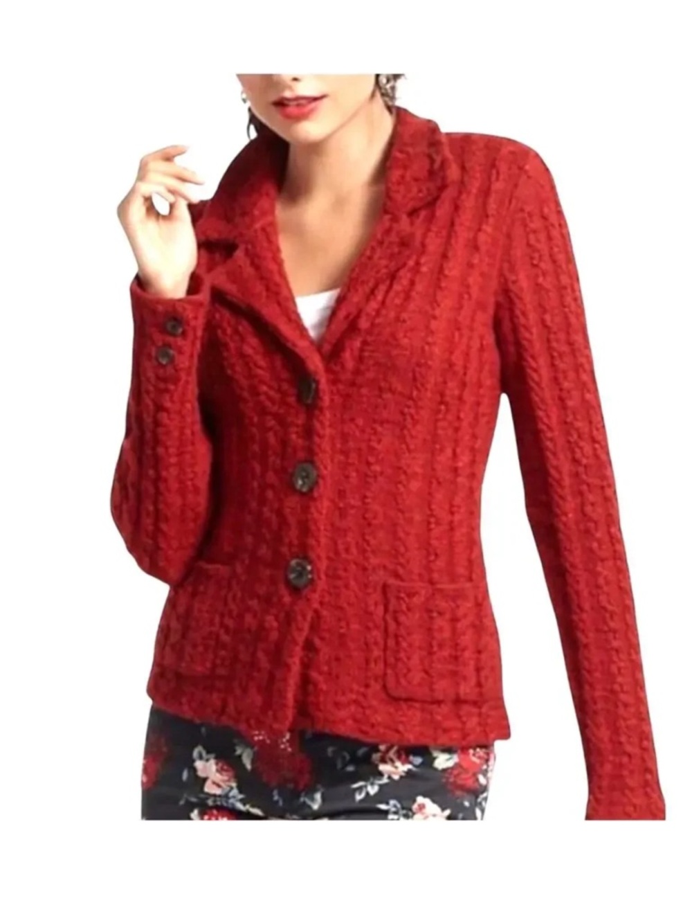Sparrow Anthropologie Wool Blend Cable Knit Button cardigan Sz Large orange red